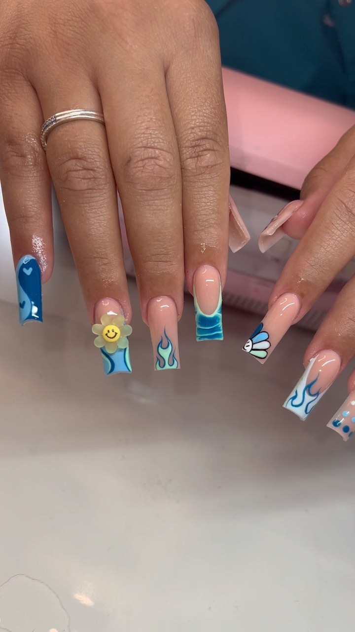 Stylish Artistic Blue and Nude Nails