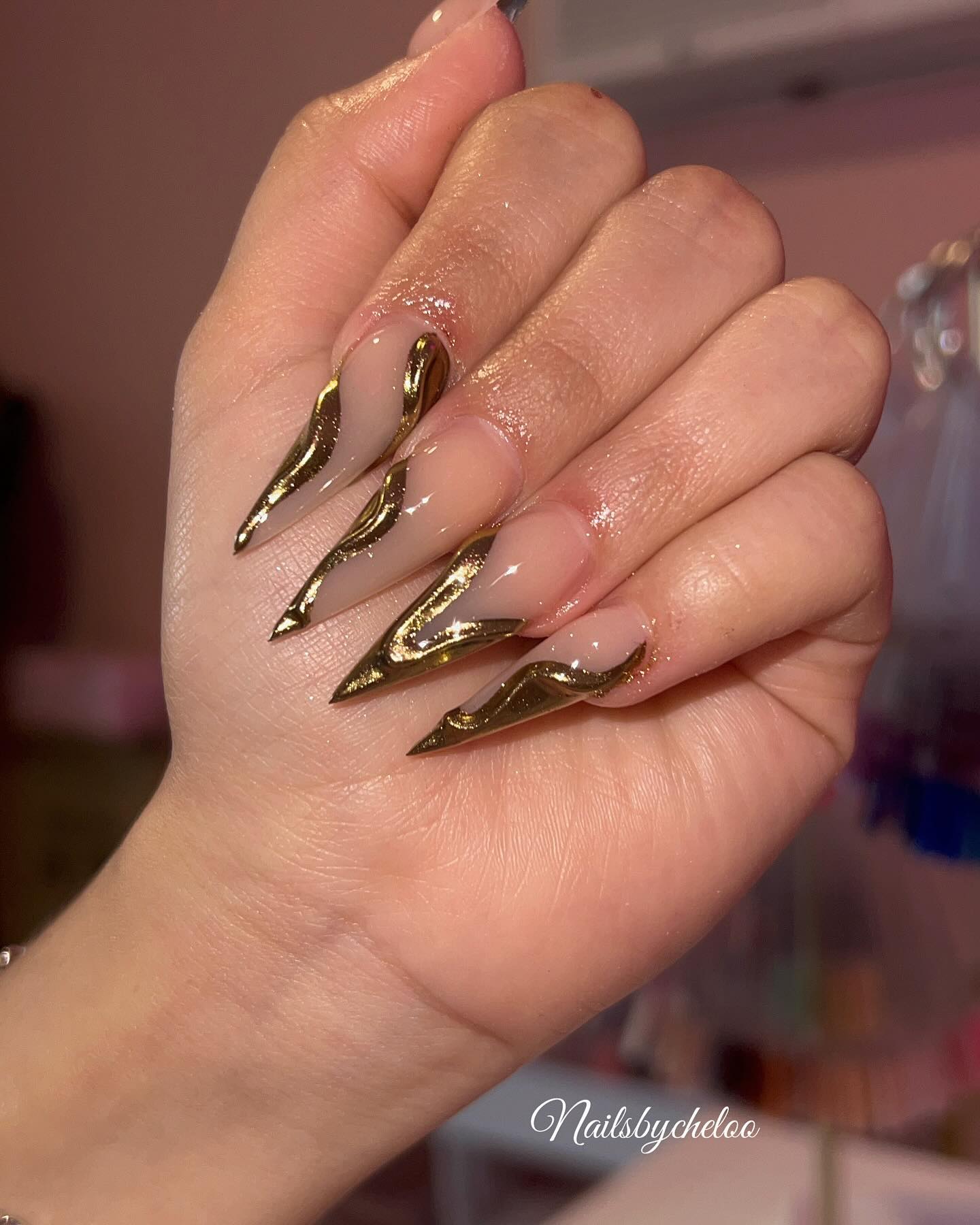 Nude and Gold Artistic Nails