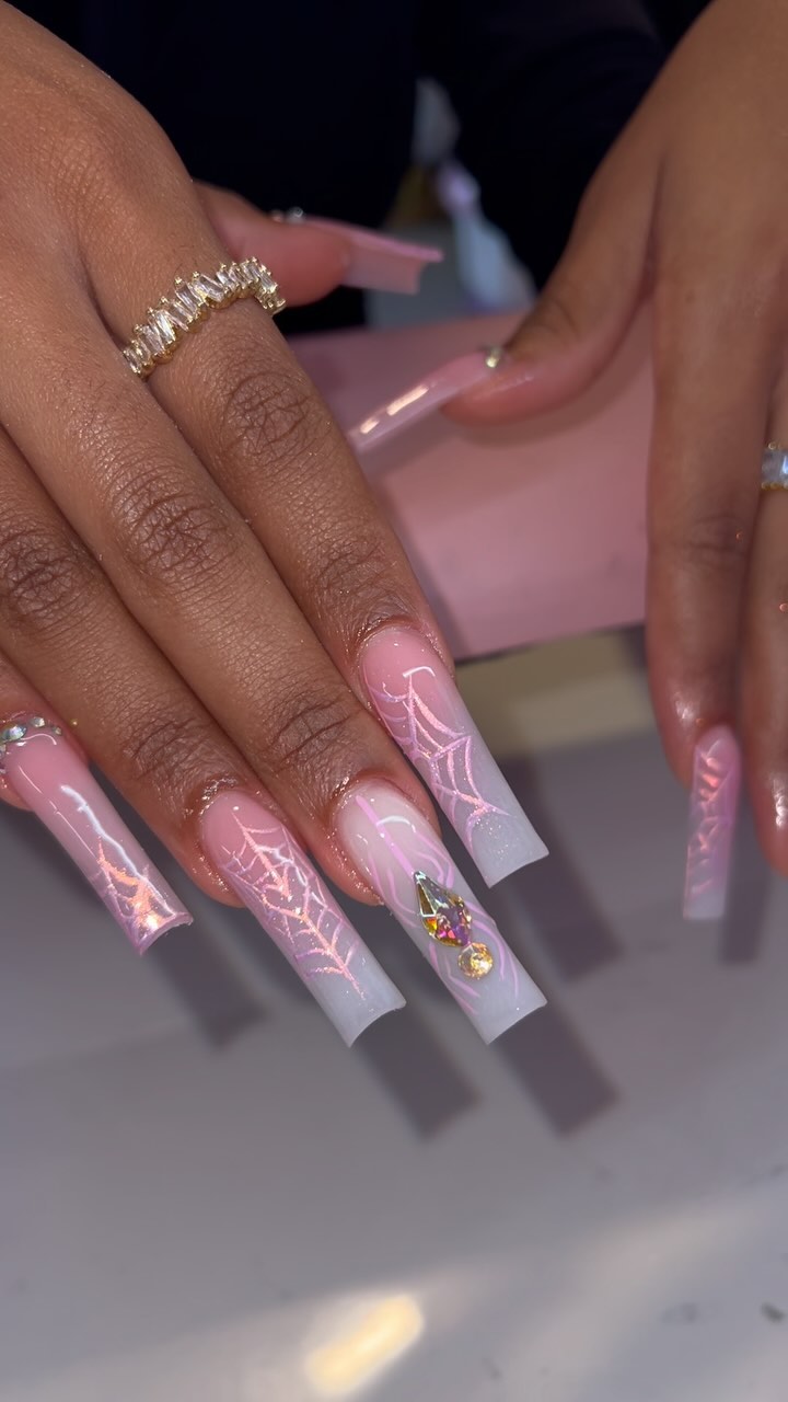 Artistic Pink and White Spider Web Nails