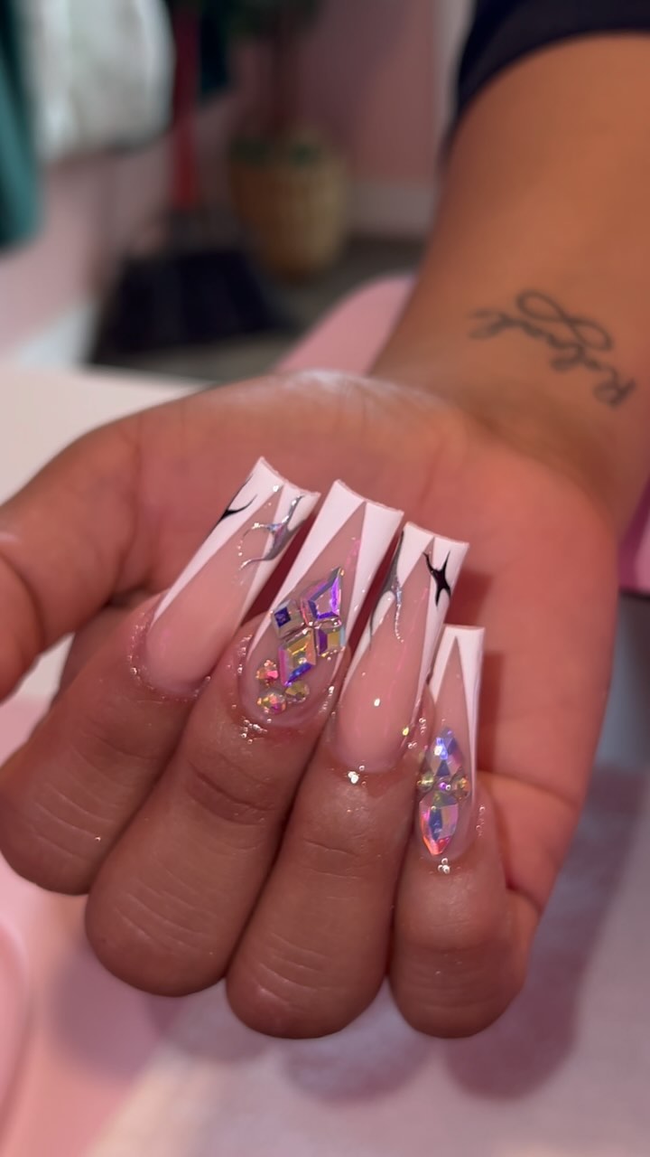 Stylish Long French Tip Nails with Gems
