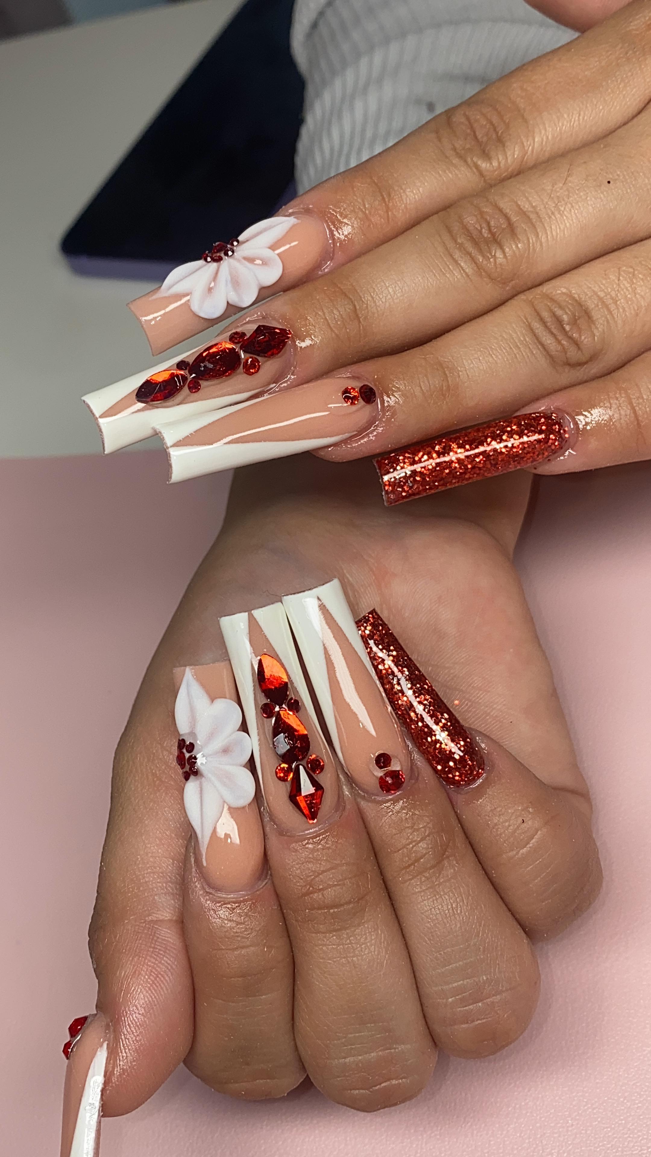 Artistic Red and Nude Nails with Gems