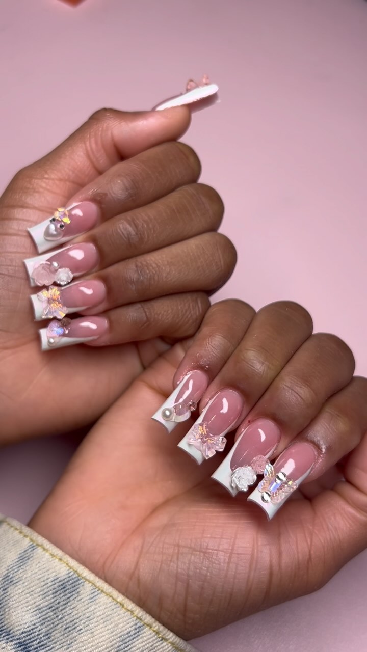Elegant Pink and White Nails with Floral Accents