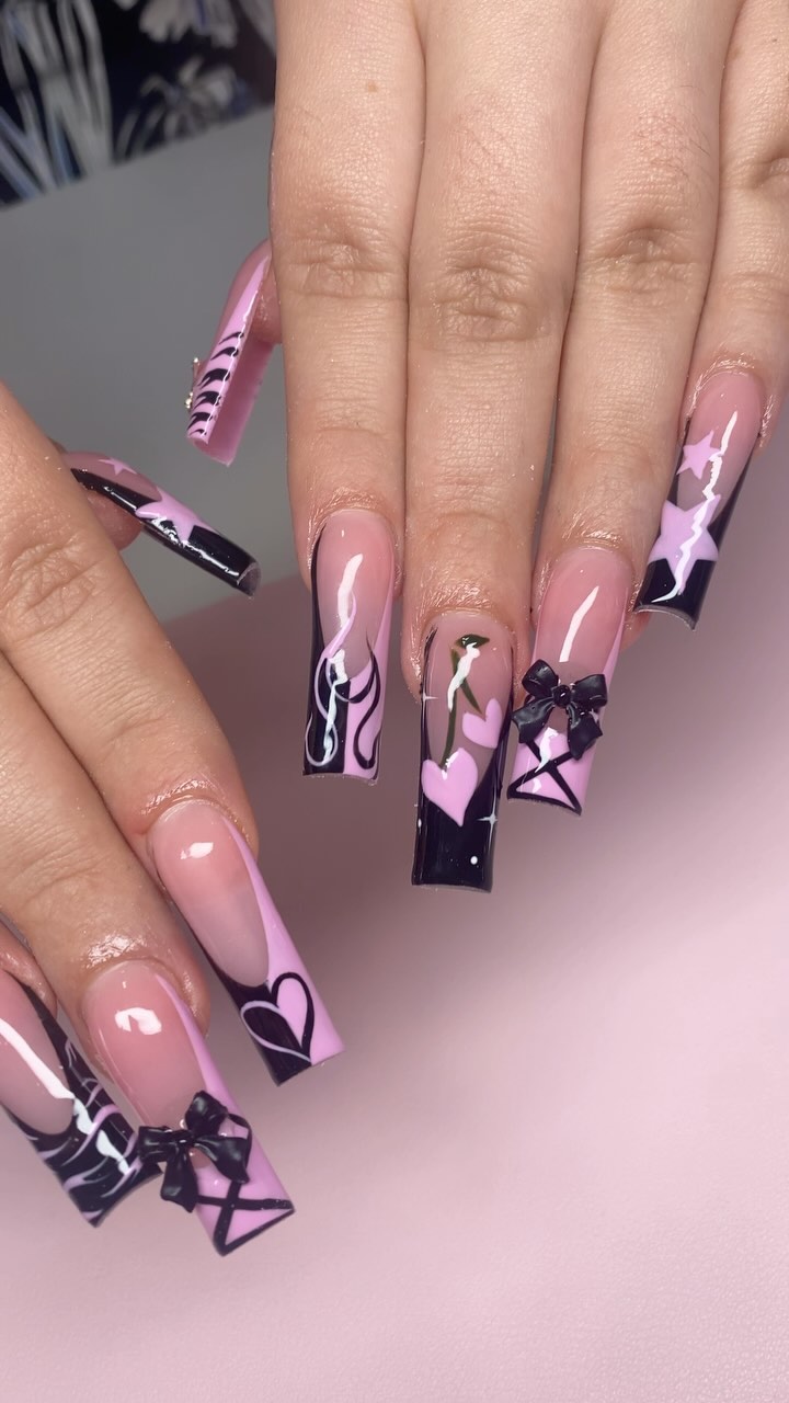Stylish Artistic Nails with Bows and Hearts