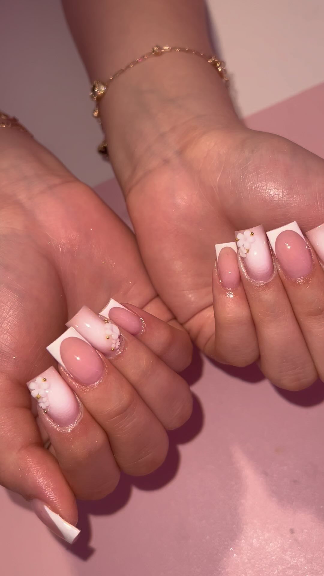 Elegant Pink and White Floral Nails