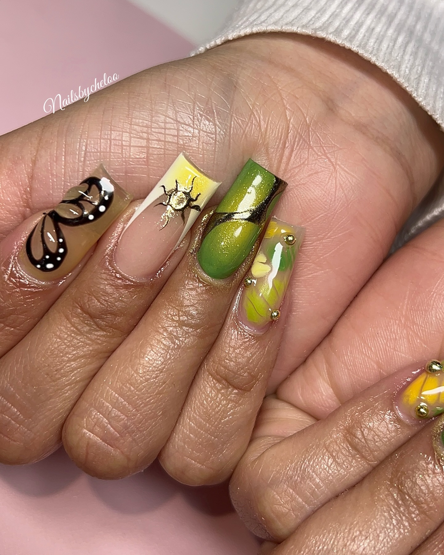 Artistic Green and Yellow Nails