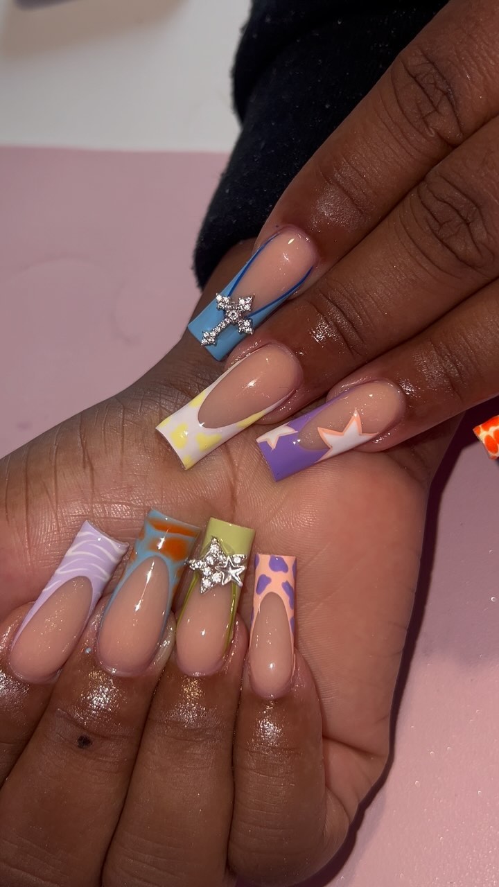 Colorful Artistic Nails with Rhinestones