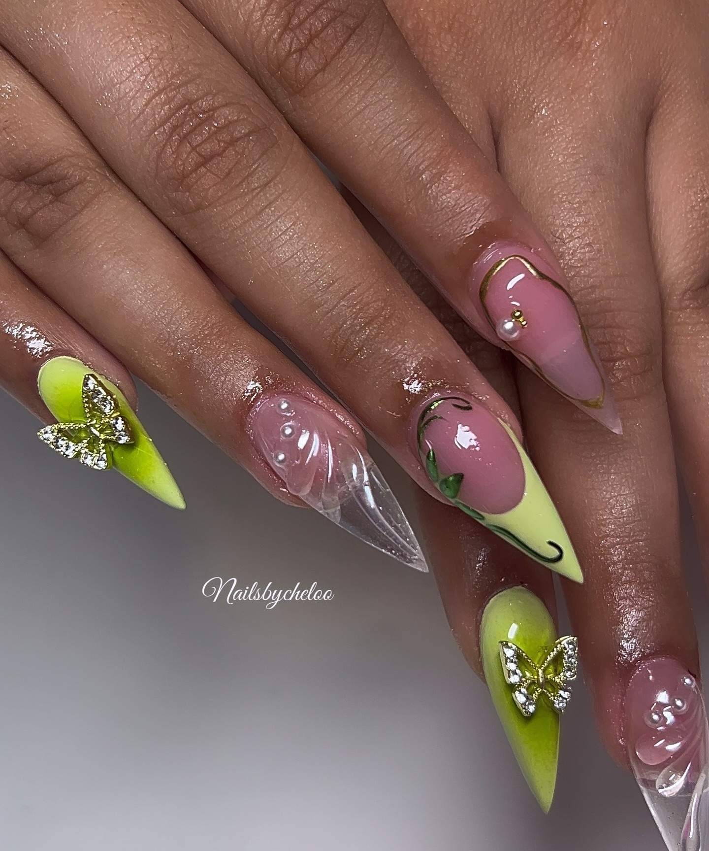 Artistic Green and Pink Stiletto Nails