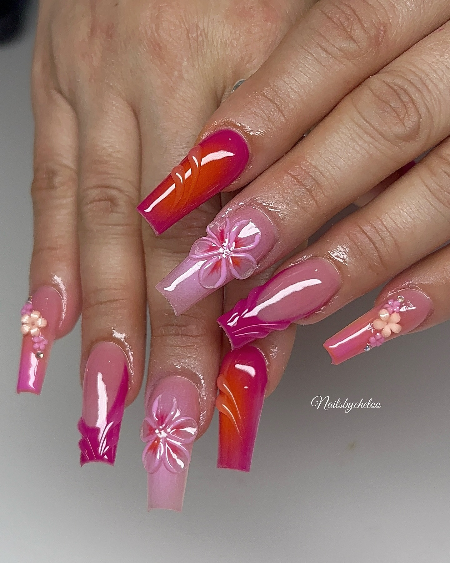 Artistic Pink Floral Nails