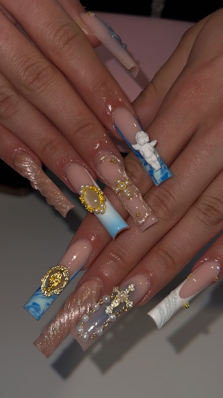Artistic Long Nail Design with Gems
