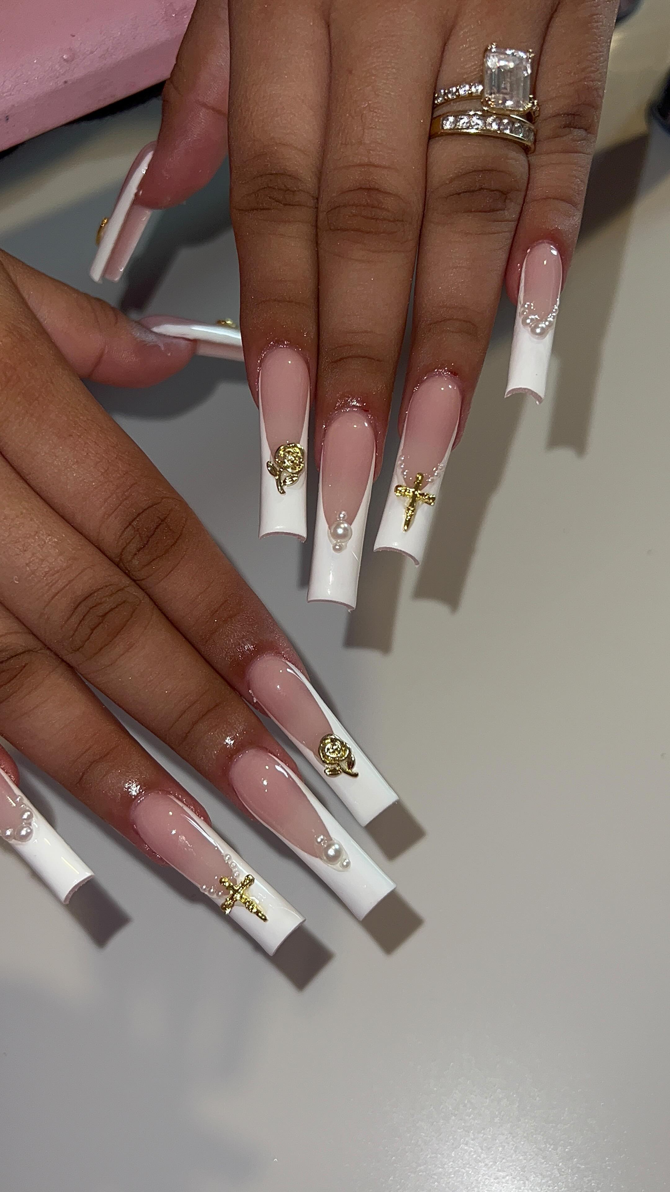 Elegant French Tip Nails with Charms
