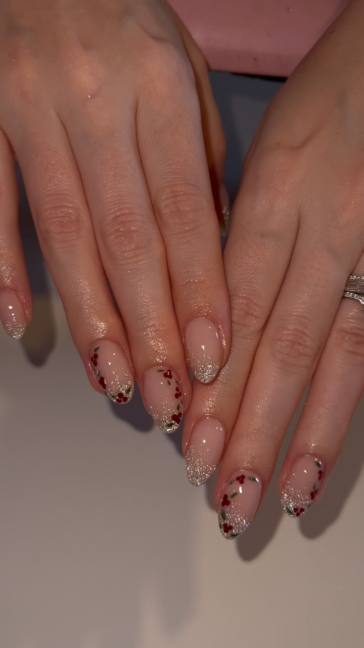 Nude Glitter and Hearts Nails