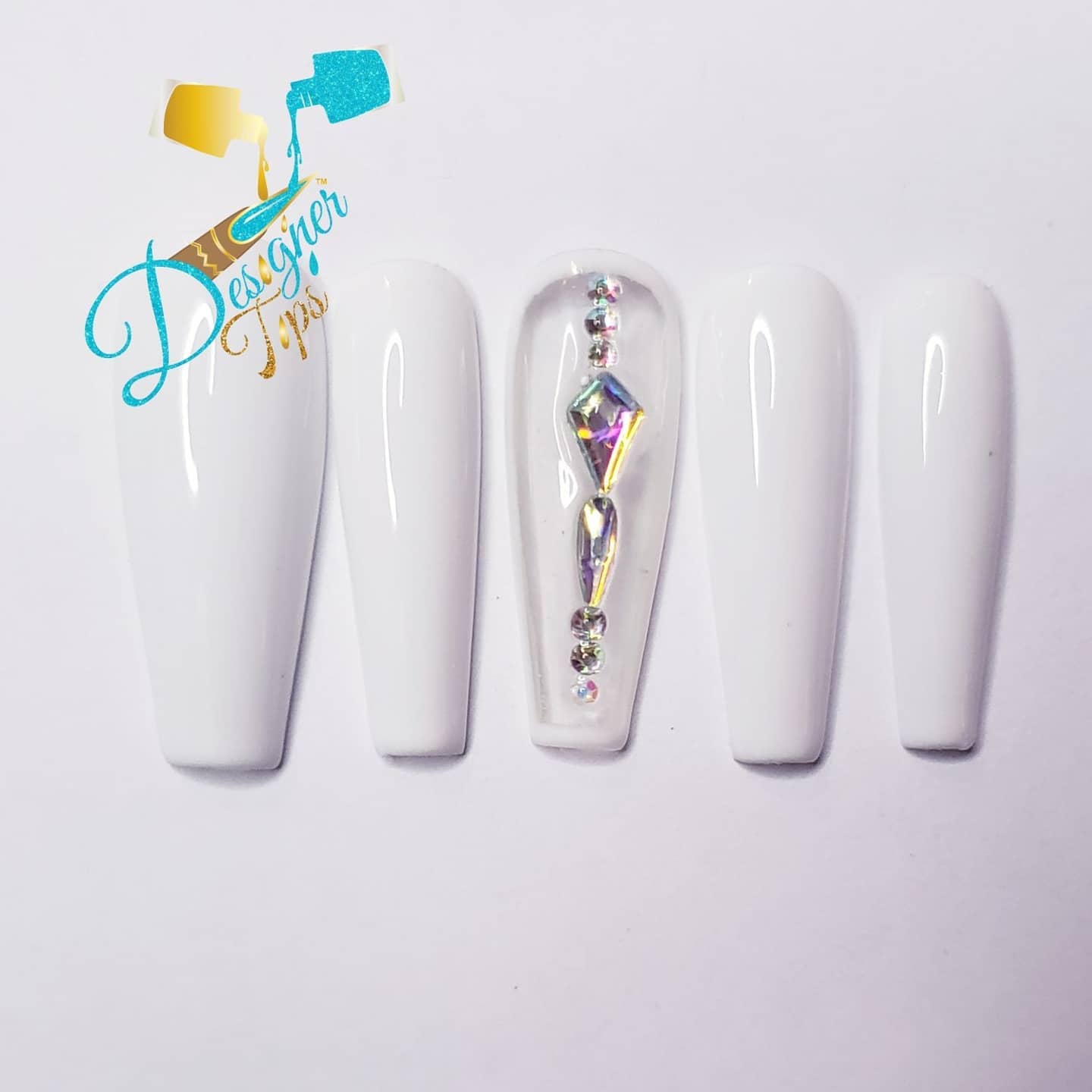 Elegant White Nails with Gems