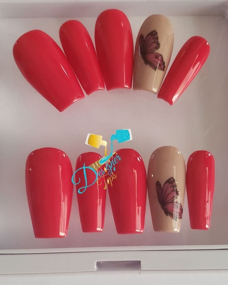 Elegant Red and Butterfly Nail Design