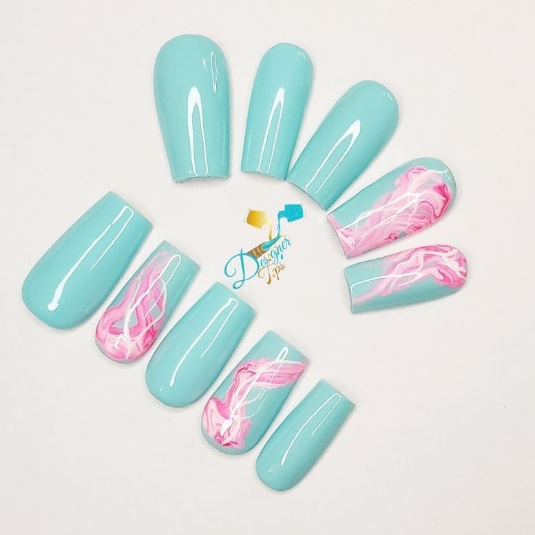 Turquoise and Pink Artistic Nails