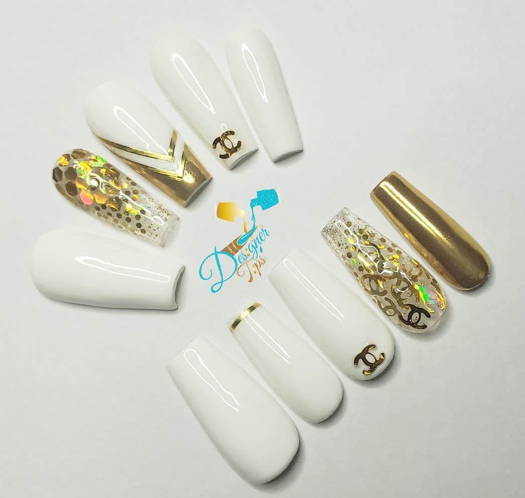 Stylish White and Gold Nail Design