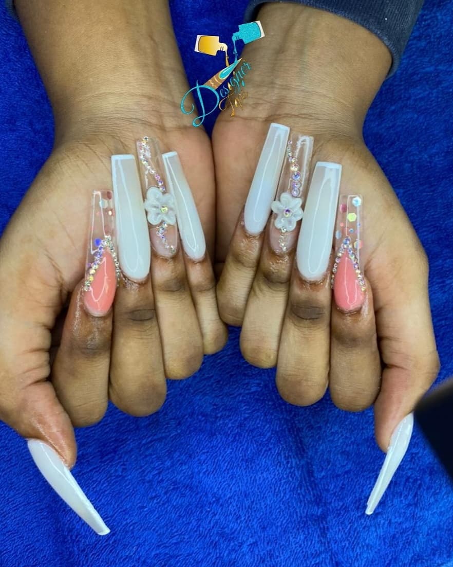 Stylish Long Nude and Pink Nails with Gems