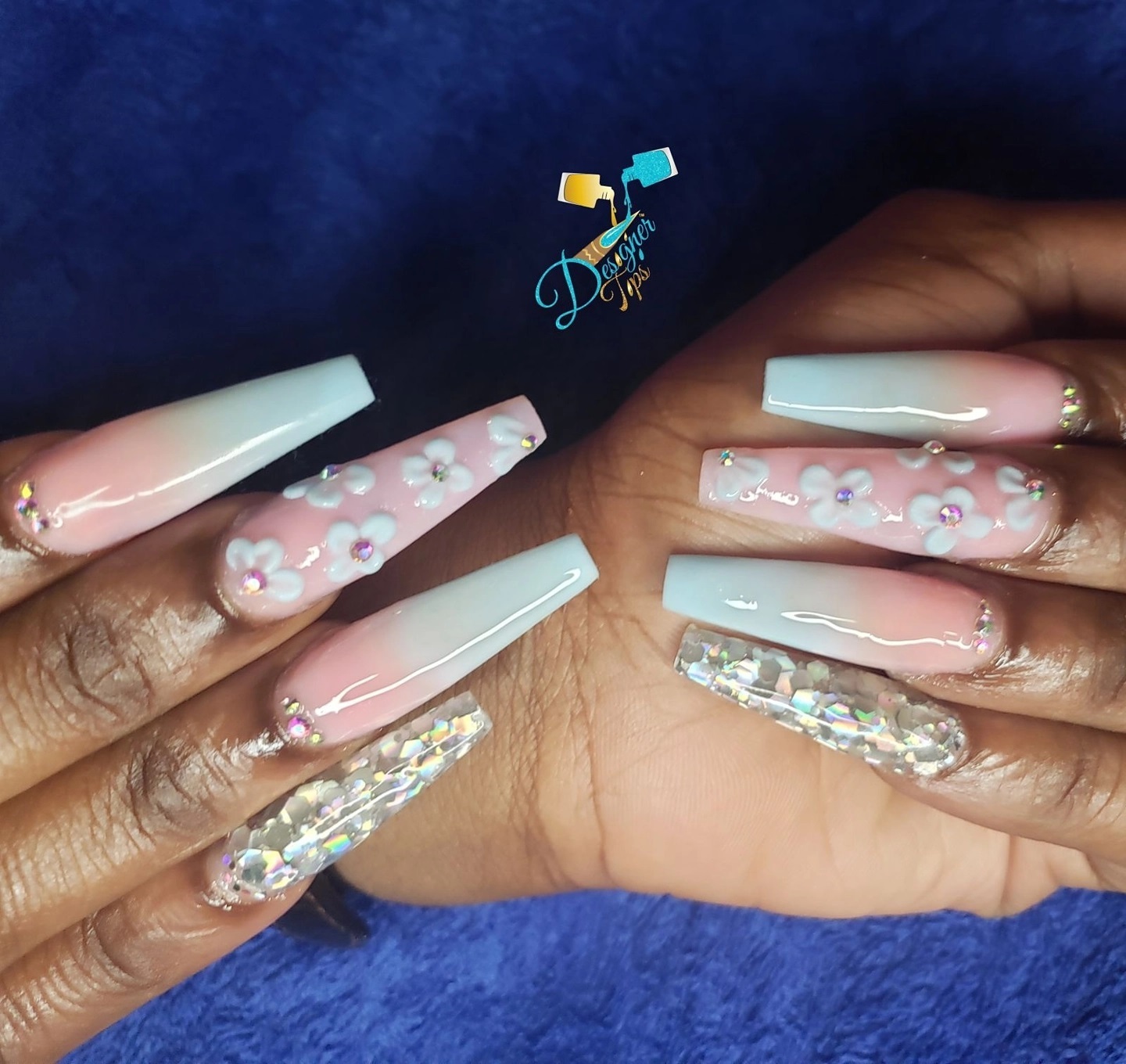 Floral Ombre Nails with Rhinestones
