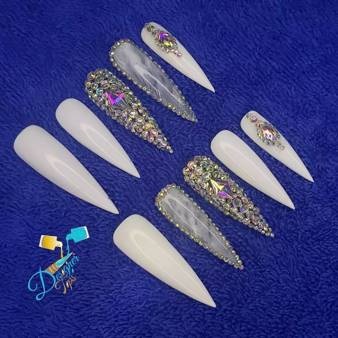 Elegant White Stiletto Nails with Gems