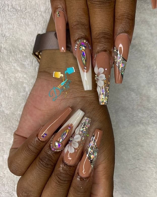 Nude and White Floral Nail Art