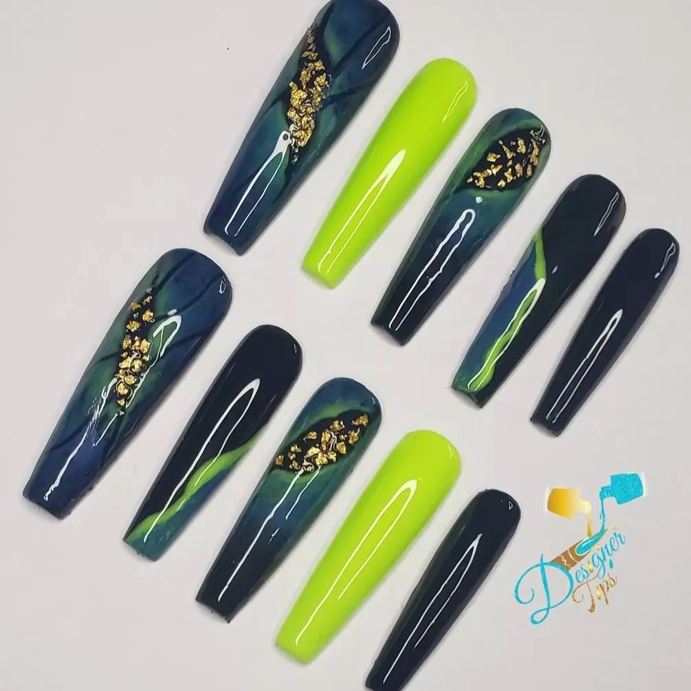 Artistic Green and Blue Nail Design