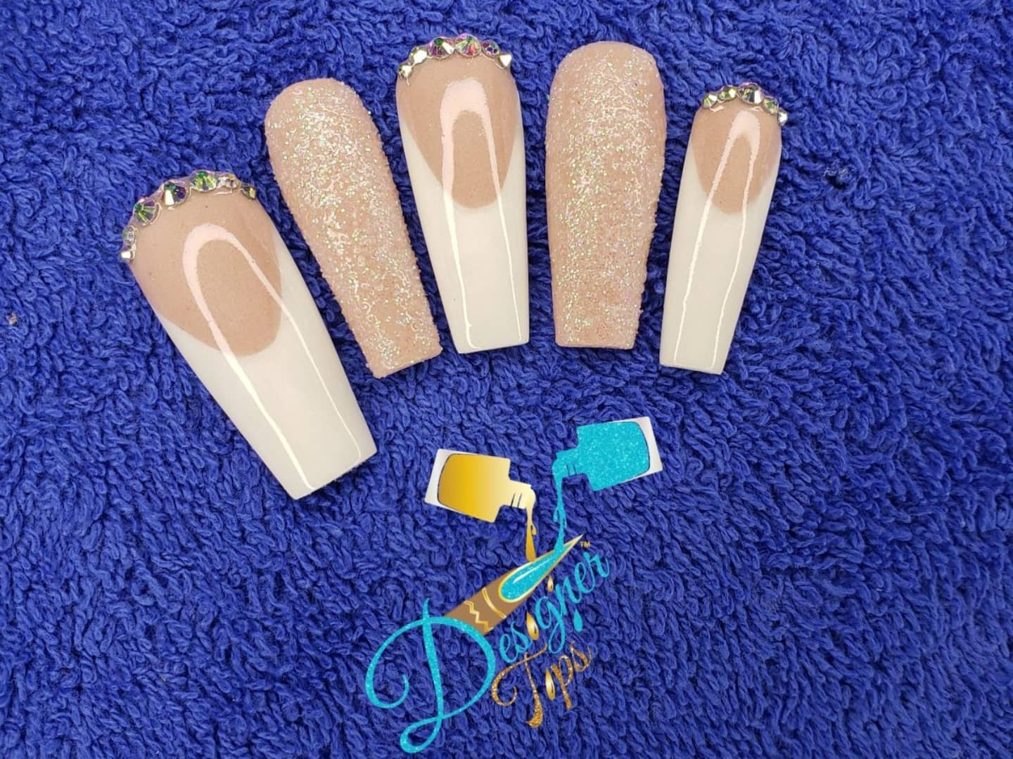 Nude Glitter Nails with Rhinestones