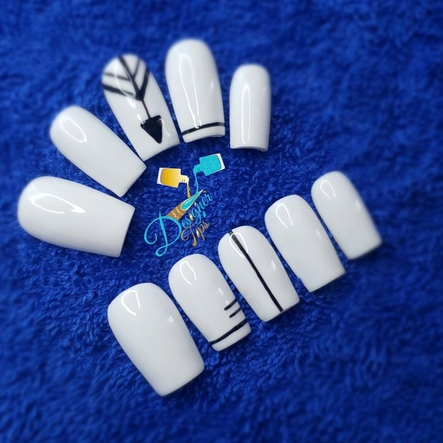 Stylish White Nails with Black Designs