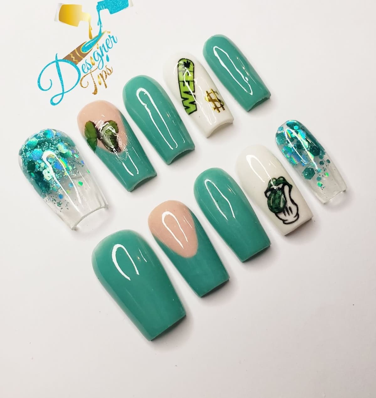 Artistic Green and Nude Nail Design