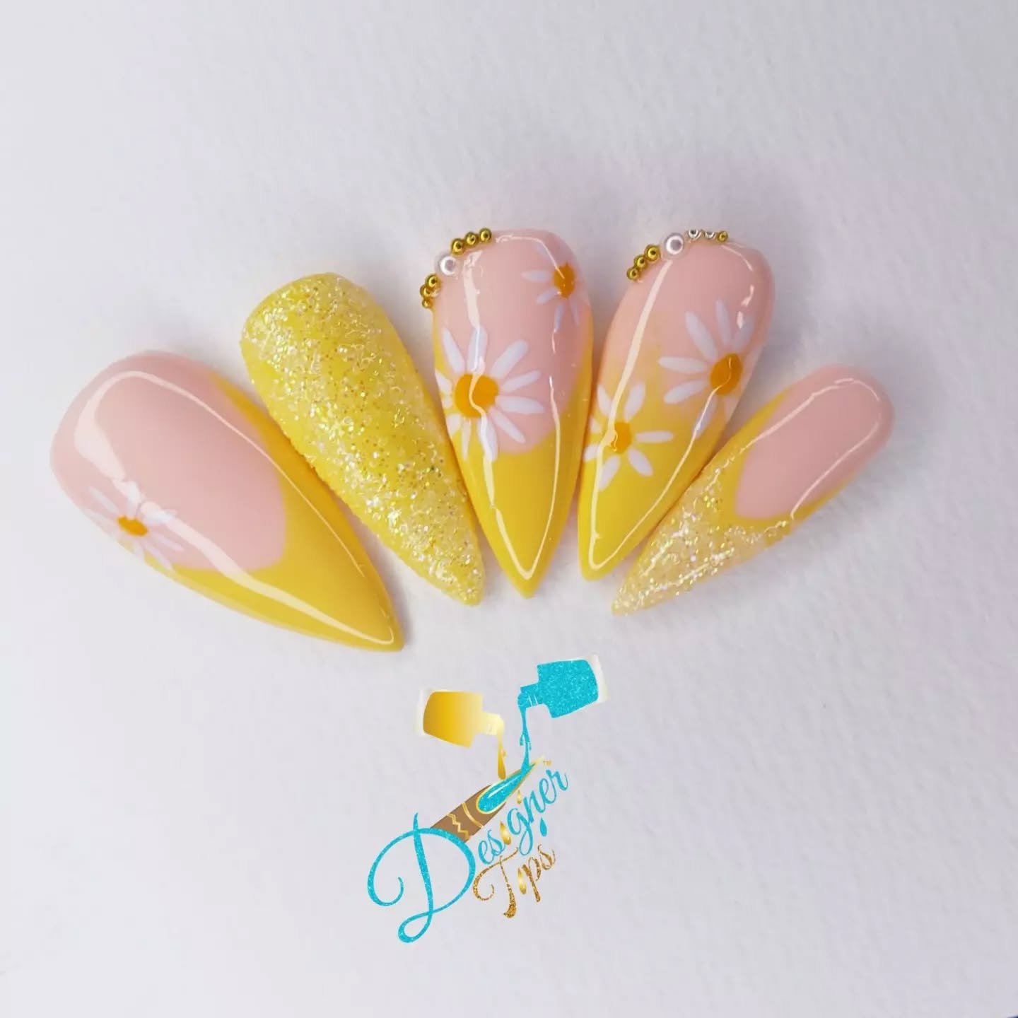 Floral Yellow and Pink Nail Design