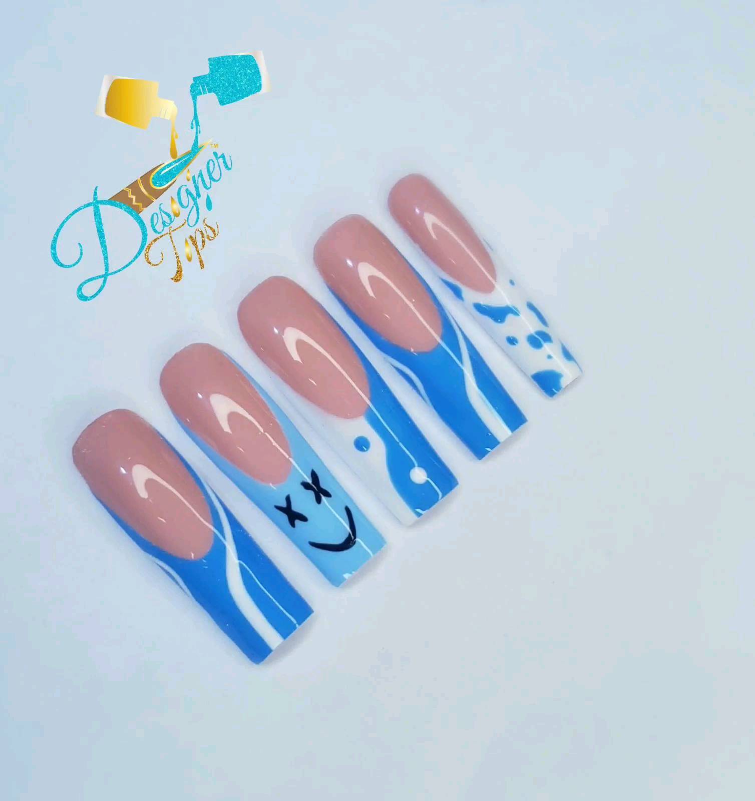 Artistic Nail Design with Blue and Nude Colors