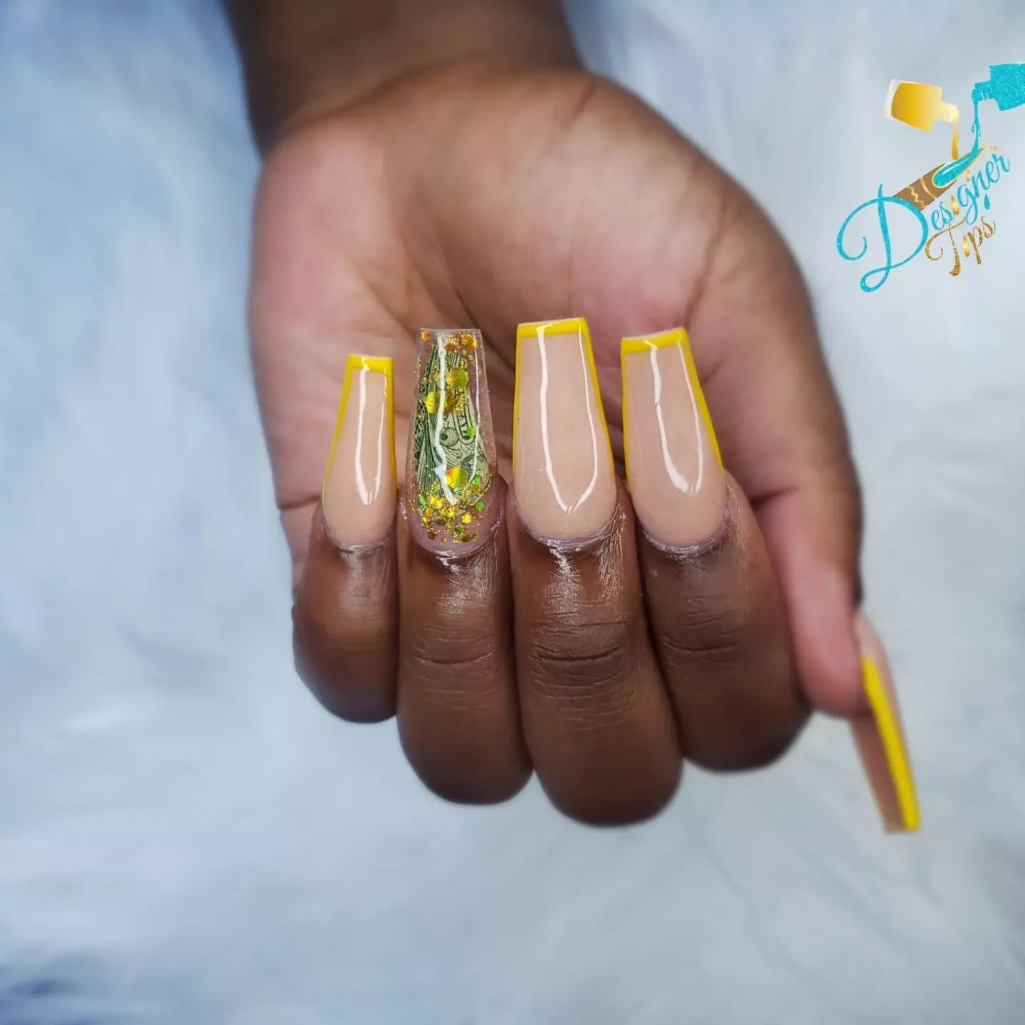 Nail Art with Yellow Tips and Glitter