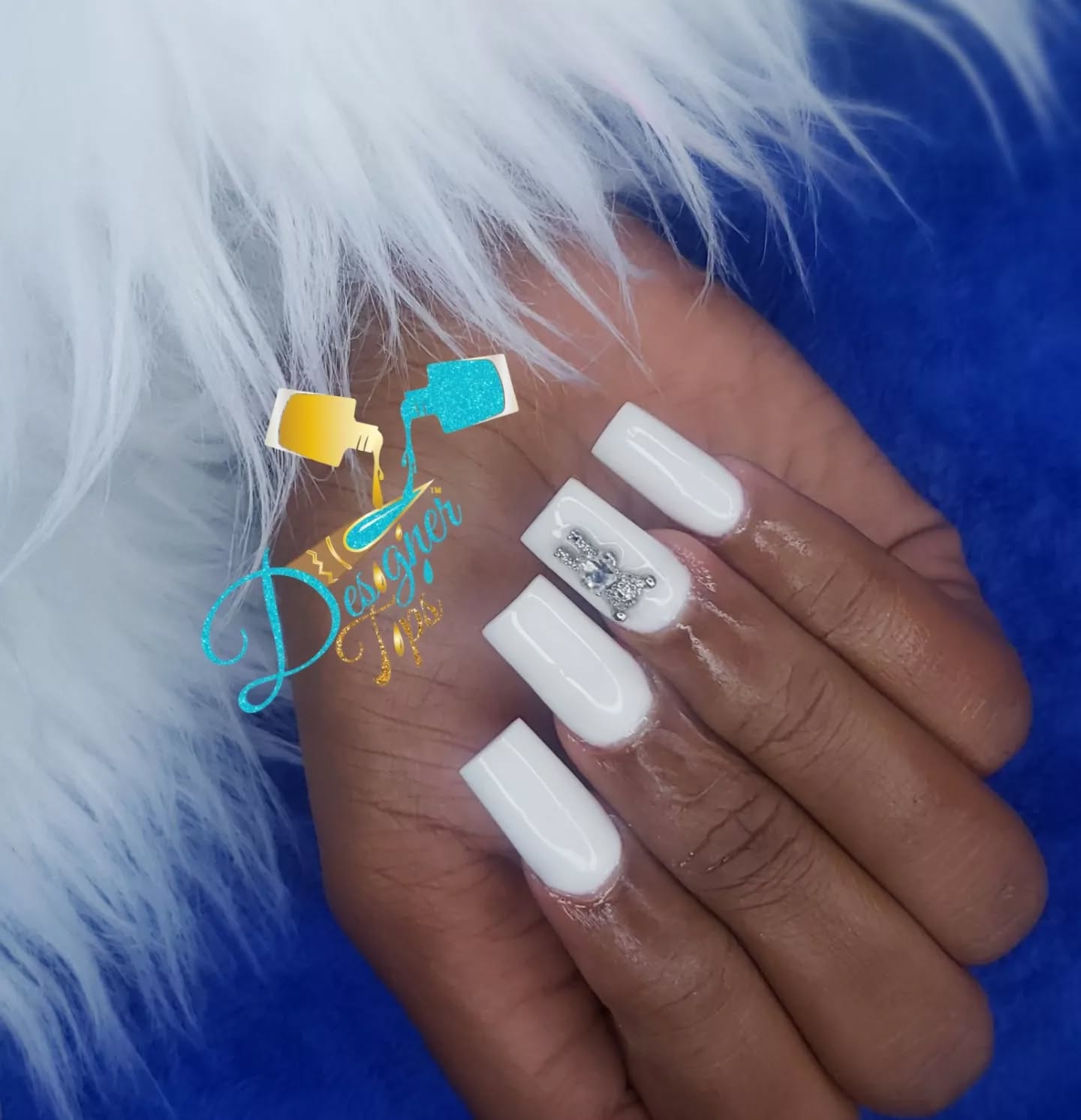 Elegant White Square Nails with Rhinestone Detail
