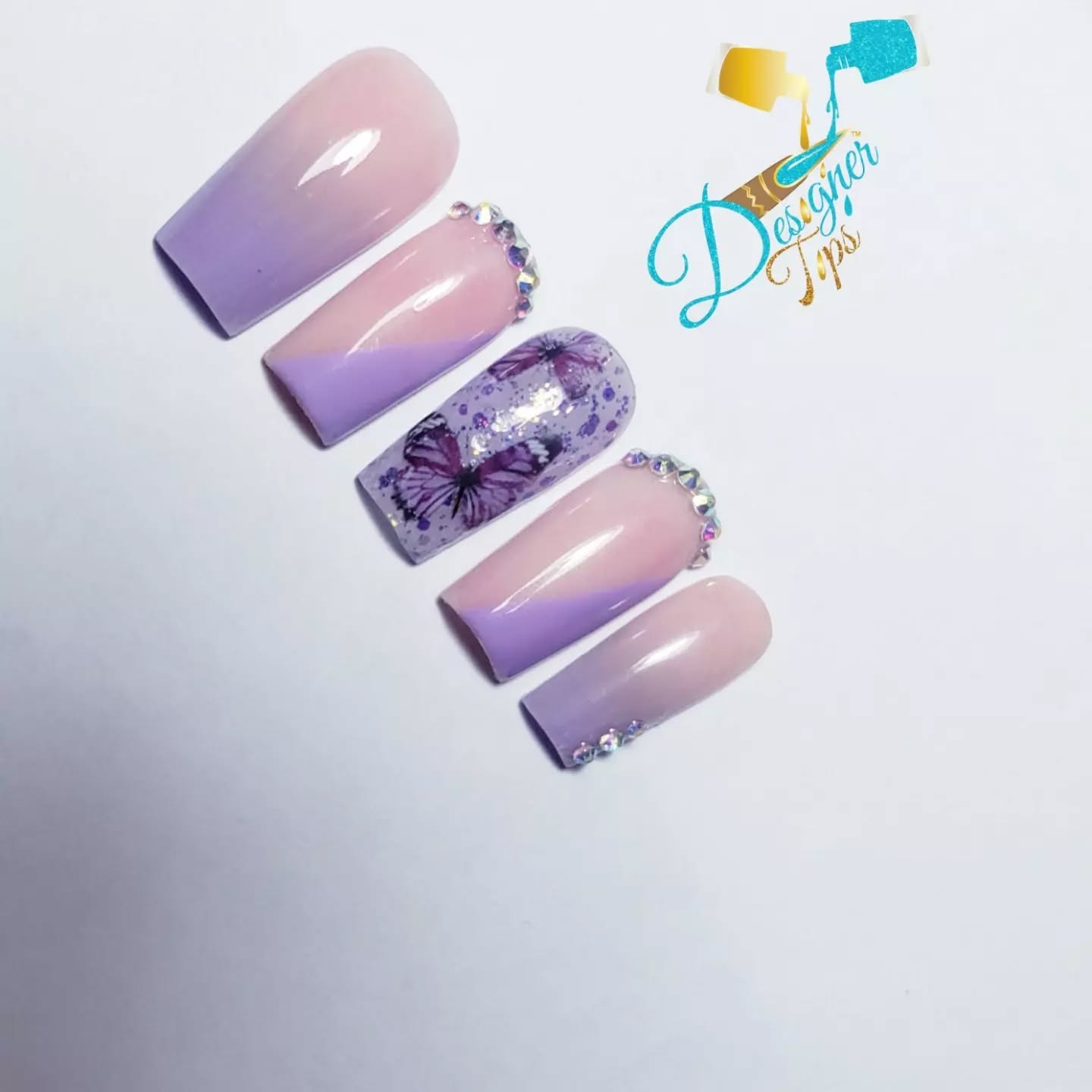 Elegant Purple Ombre Nails with Butterfly Design