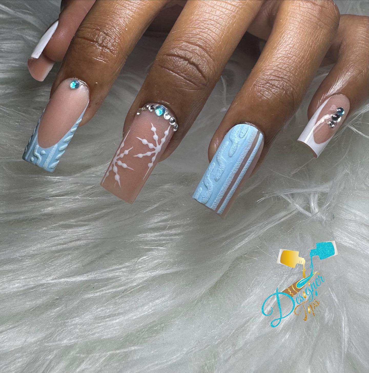 Elegant Blue and Nude Nail Art