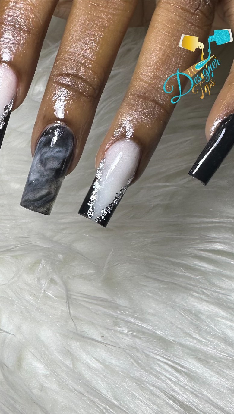 Stylish Black and White Marbled Nails