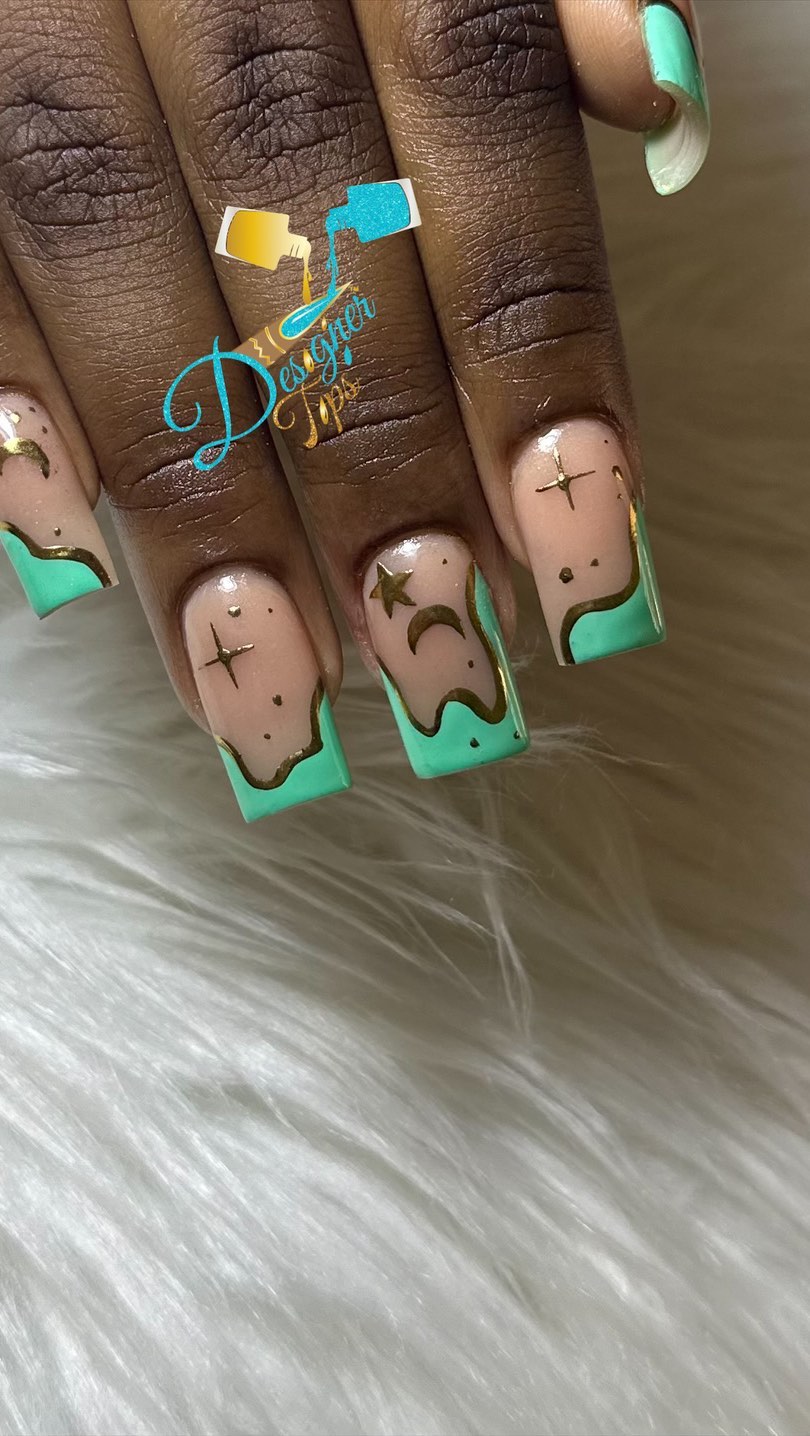 Artistic Green and Nude Nails with Gold Accents