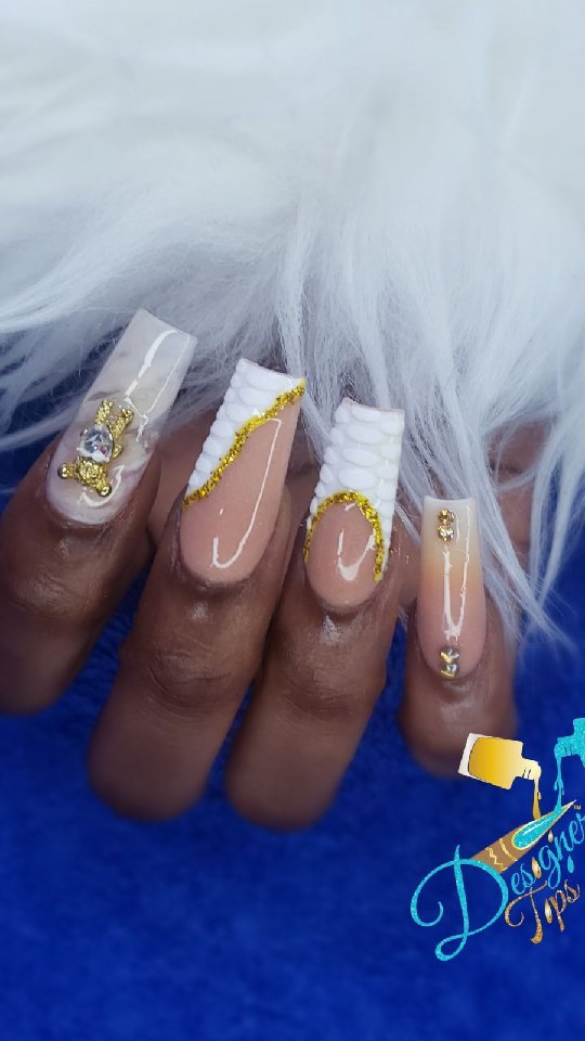 Elegant Artistic Nude Nails with Gold Accents