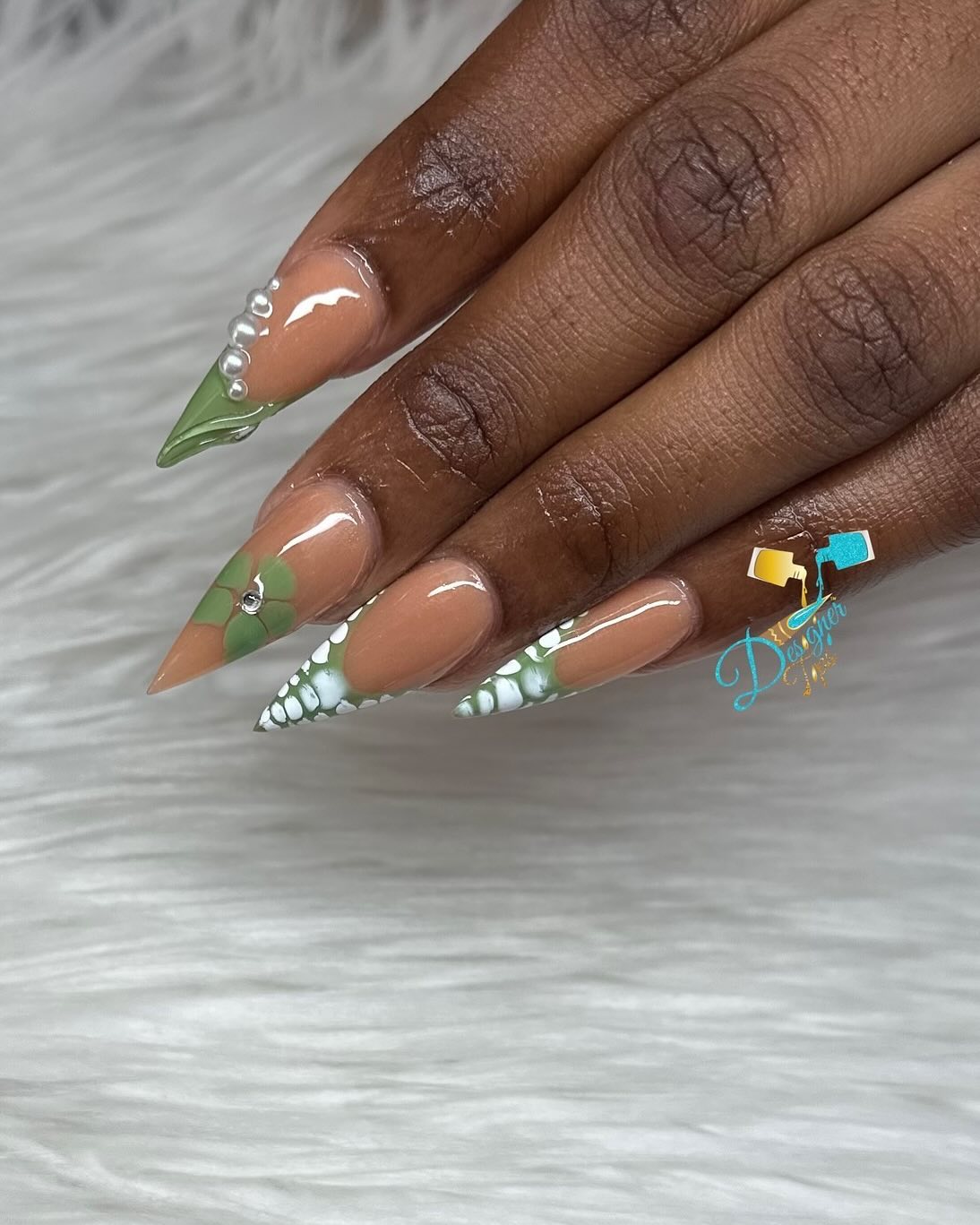 Elegant Green and Nude Nail Art