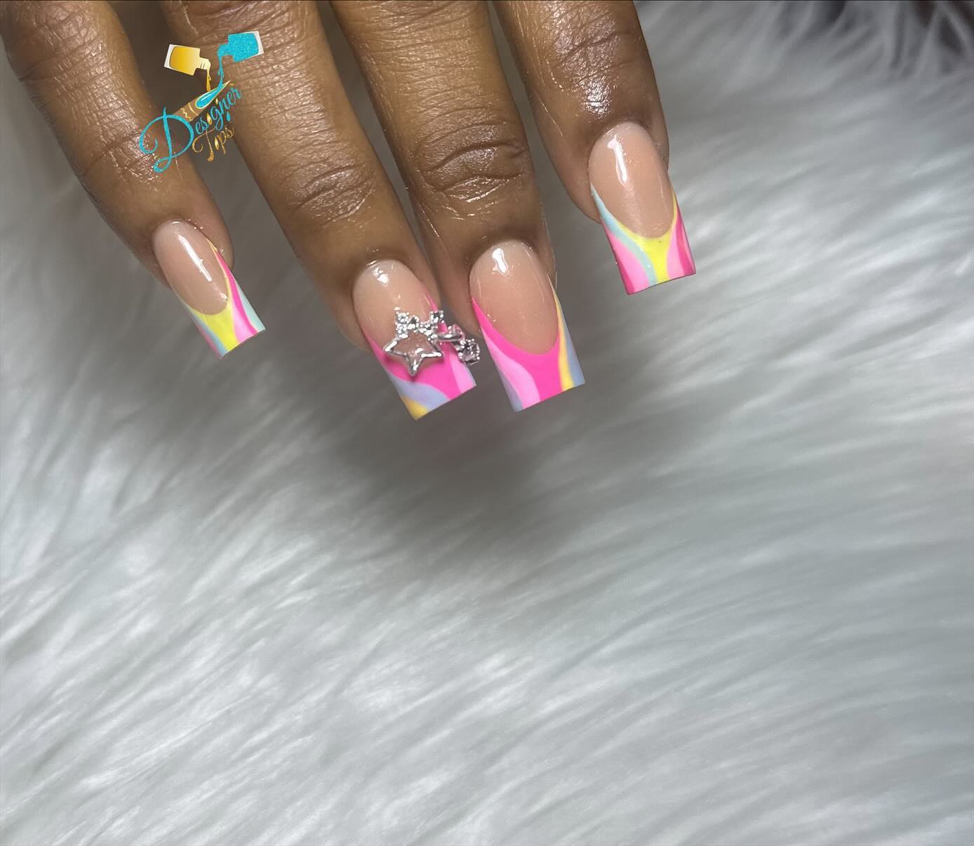 Colorful French Tip Nails with Gems
