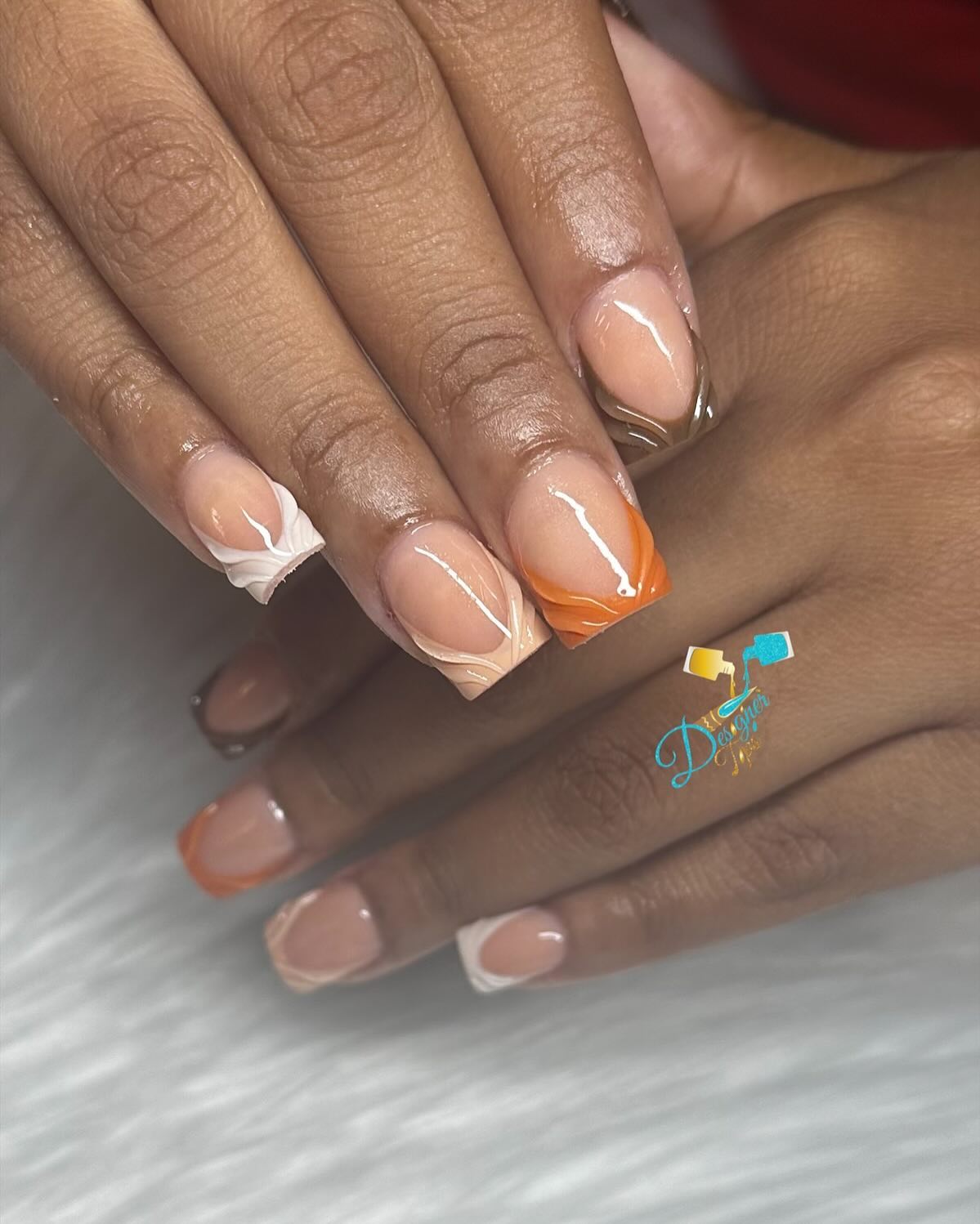 Nude and Orange Artistic Nails