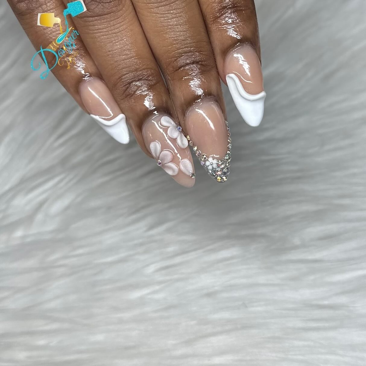 Elegant Floral Nail Art with Gems