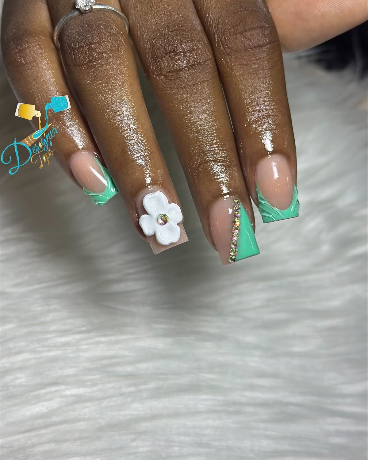 Artistic Green and Nude Flower Nails