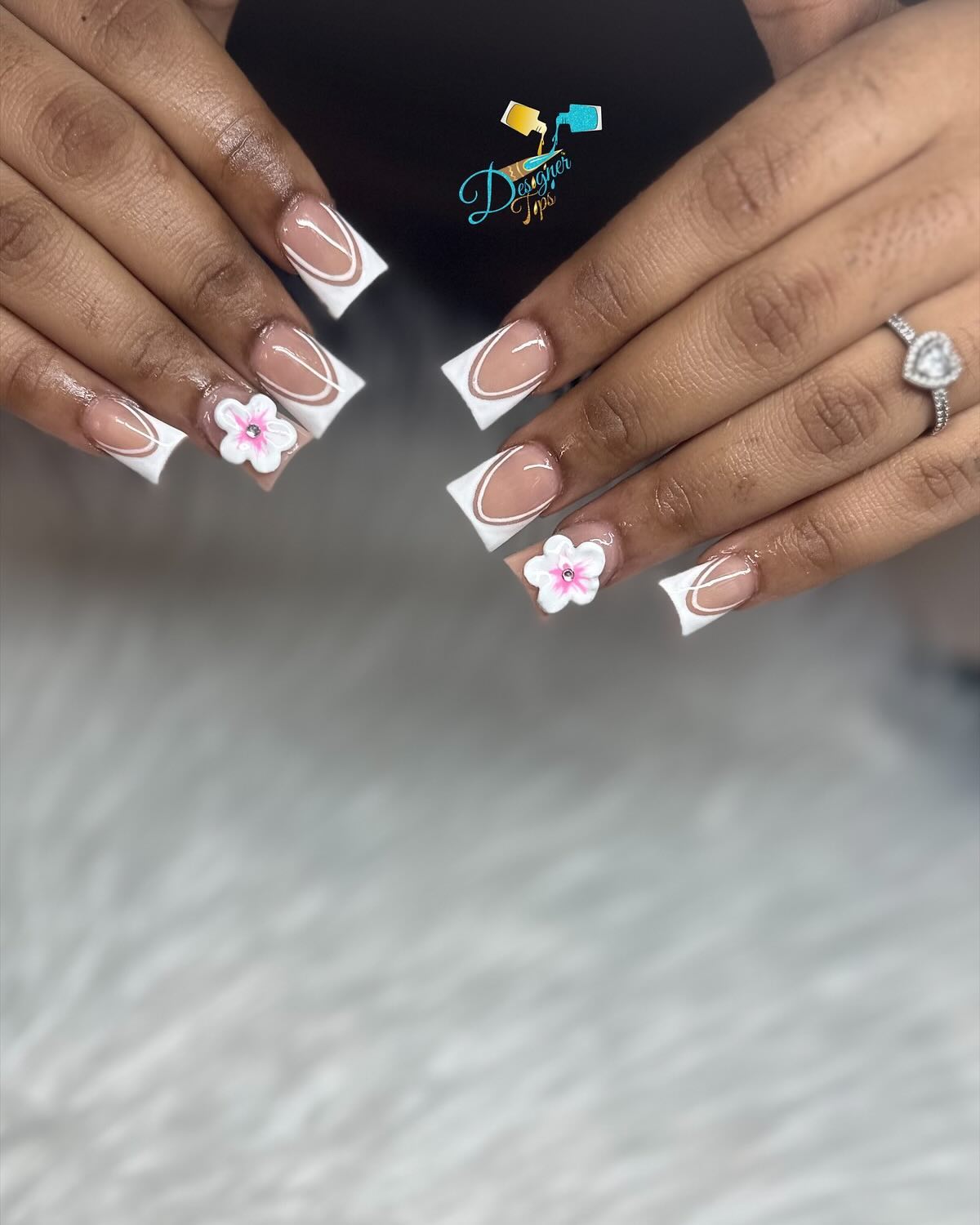 Nude French Tip Nails with Flowers