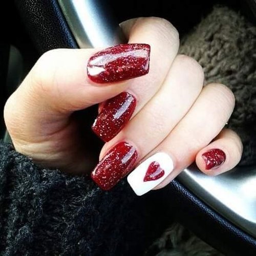 Glittery Red and White Heart Nails