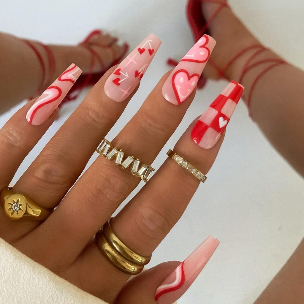 Stylish Red and Pink Heart Nails