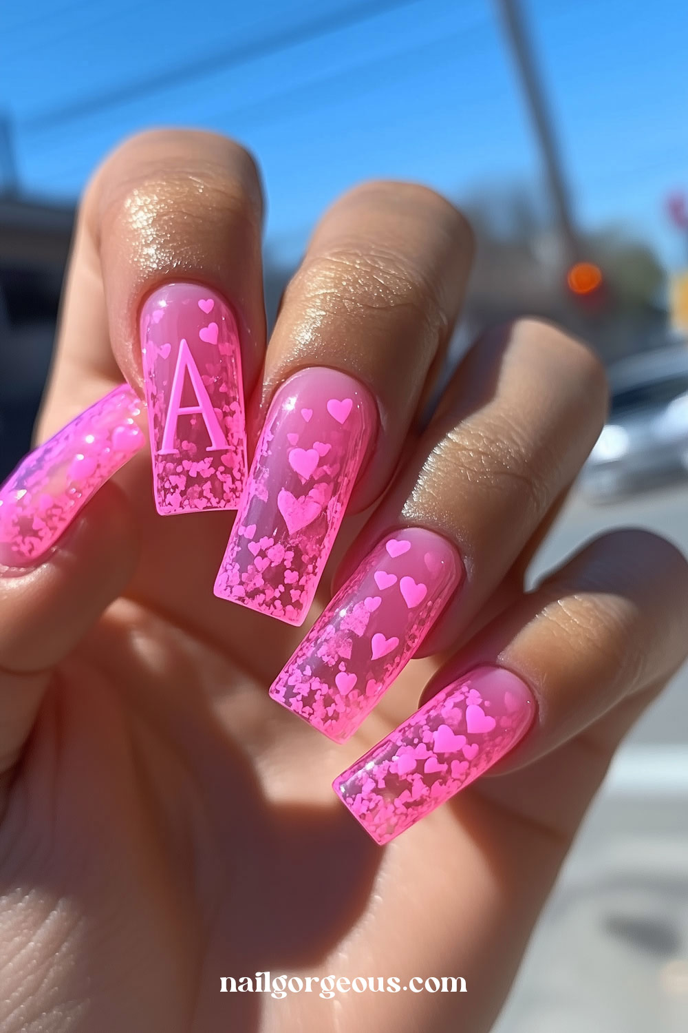 Cute Pink Heart Nails