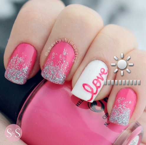 Bright Pink and Silver Glitter Nail Art