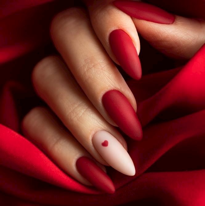 Matte Red Nails with Heart Design
