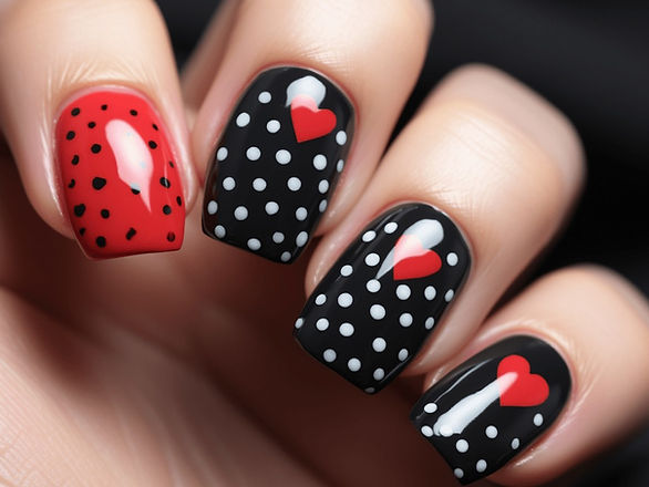 Artistic Red and Black Heart Nails