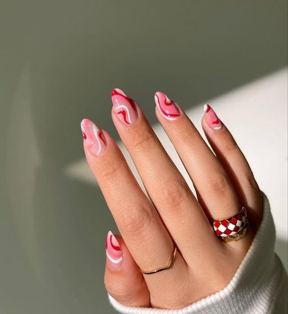 Marbled Pink and Red Nails