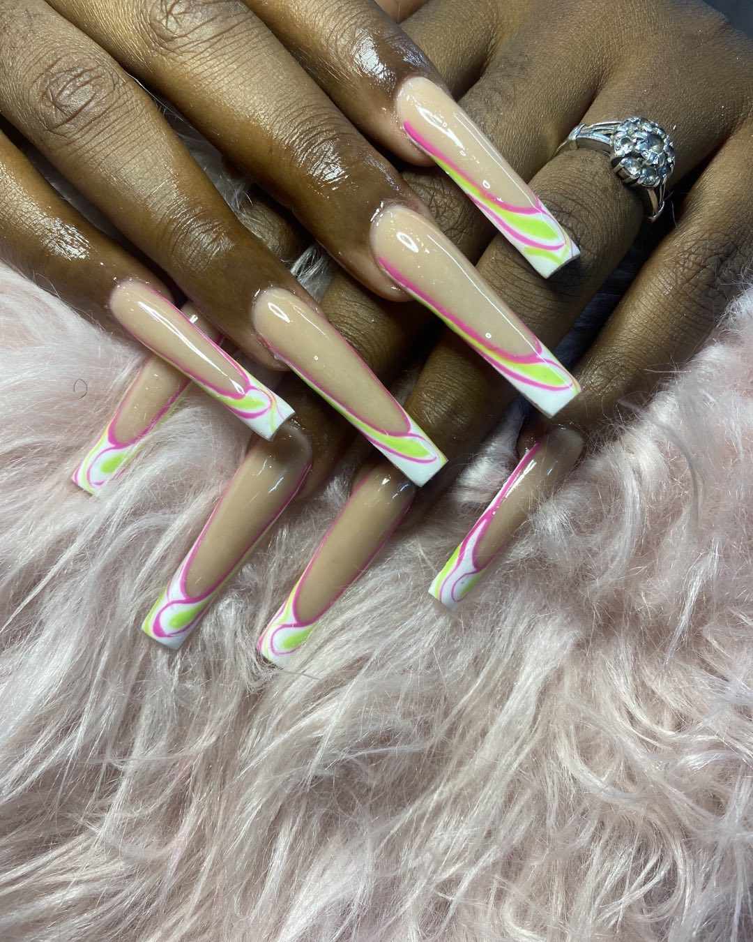Stylish Long Nails with Pink and Green Accents